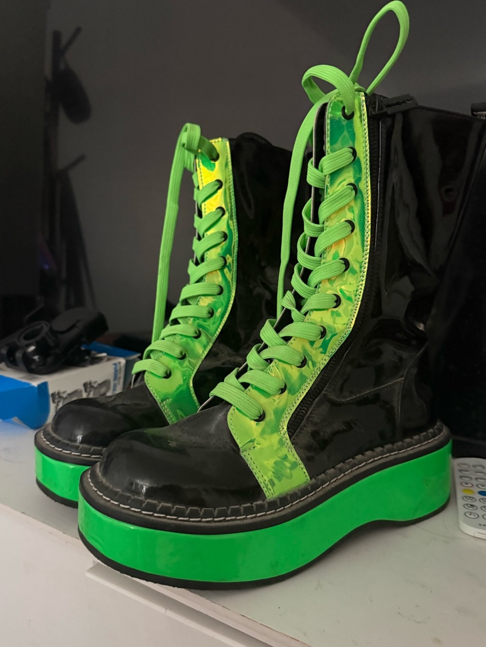 Neon Green Accent Platform Combat Boots - Women